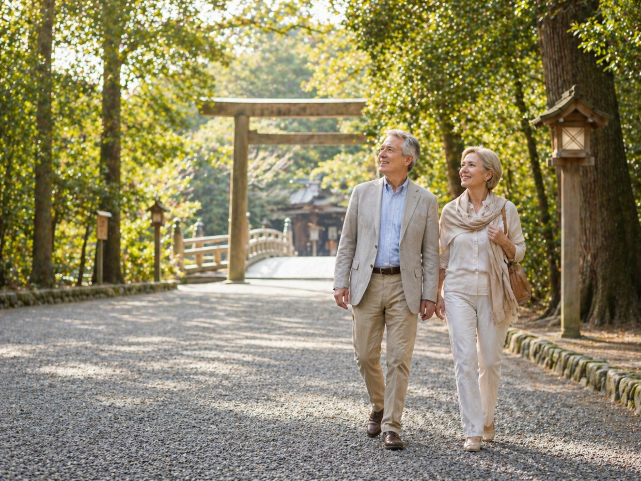 A mature couple walking quietly along a shaded approach at Ise Jingu