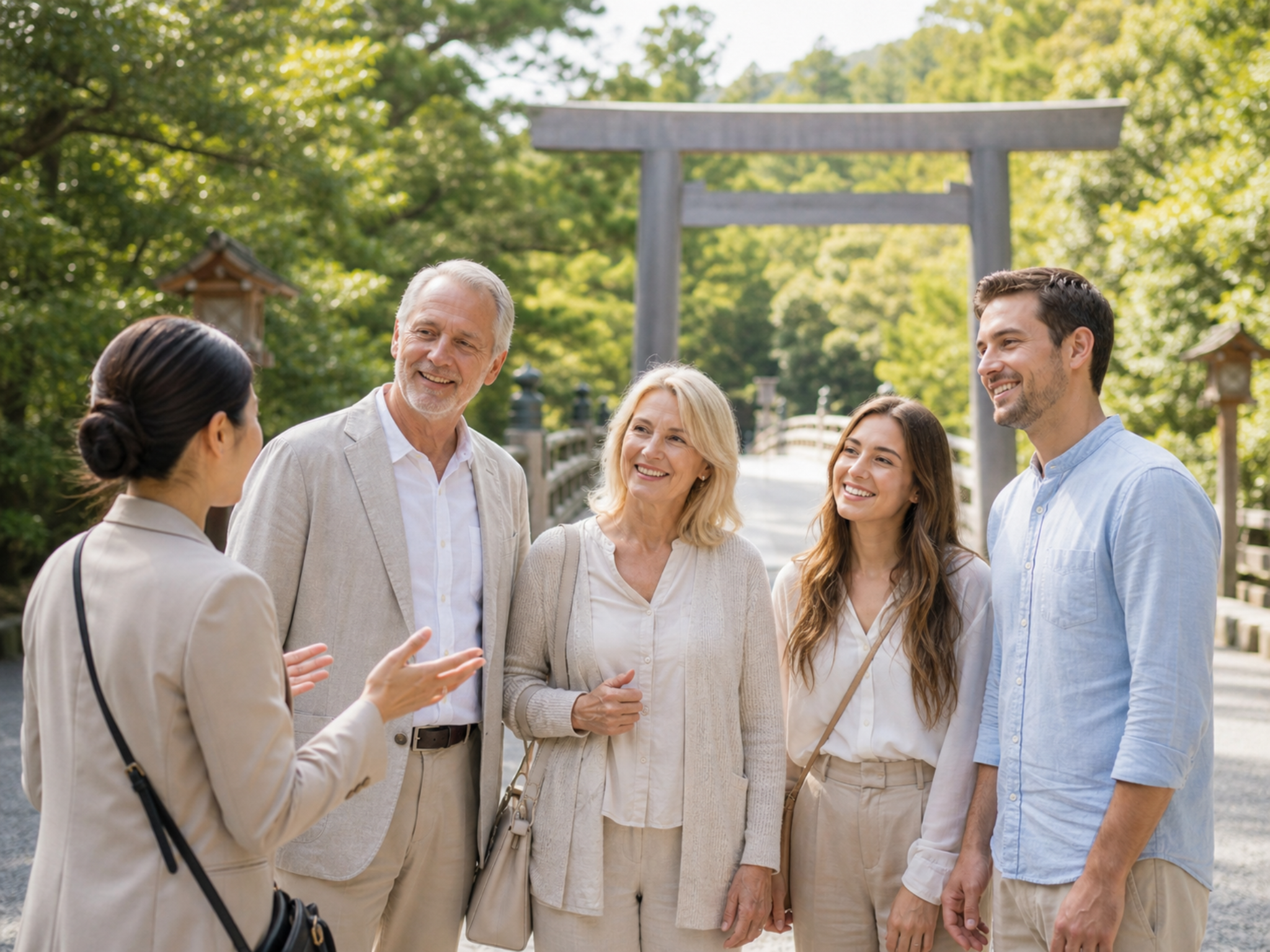 A private guide speaking with a family near the shrine approach at Ise Jingu