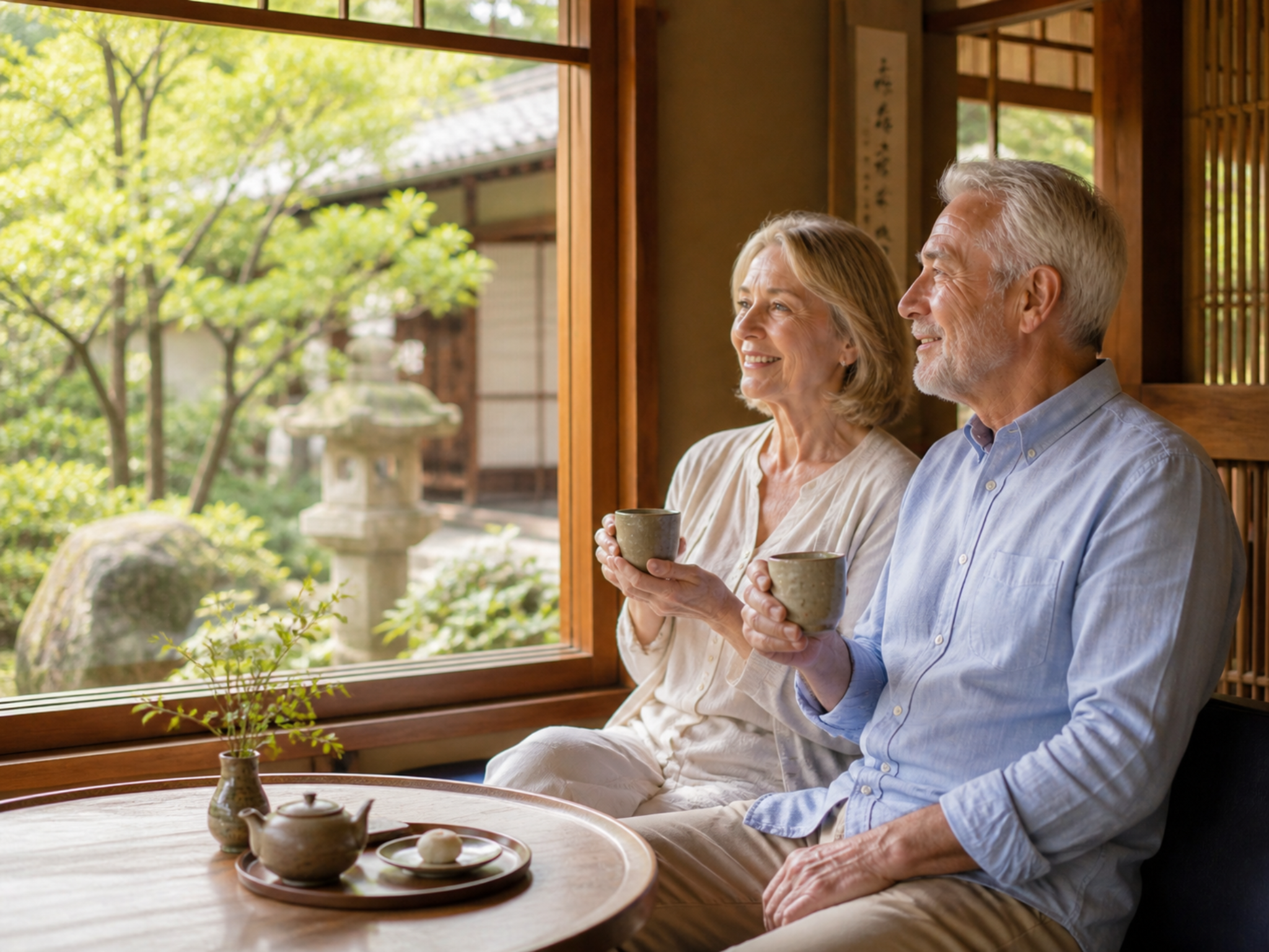 International visitors enjoying tea and a quiet rest in a traditional Japanese room