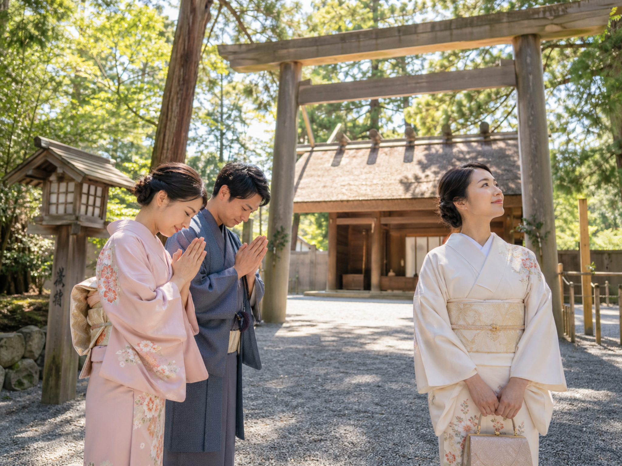 Visitors in kimono-style attire observing shrine etiquette in a quiet sacred area